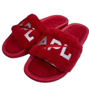 APL Women’s Shearling Slides Red Silver Logo Sandals Size 9 • New in Box!